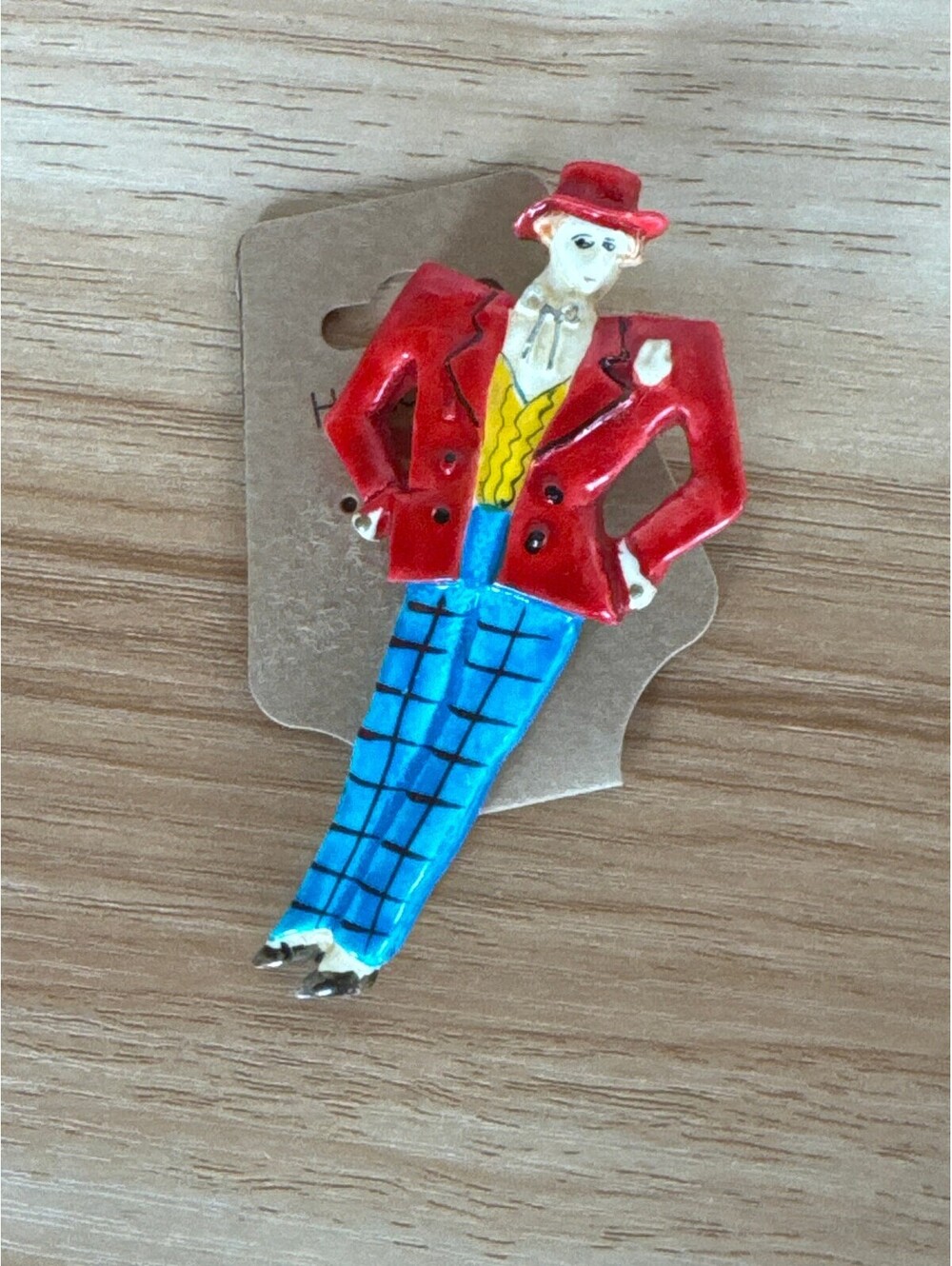 Retro Dandy Man Figural Brooch Pin Hand Painted Red Jacket Plaid Trousers